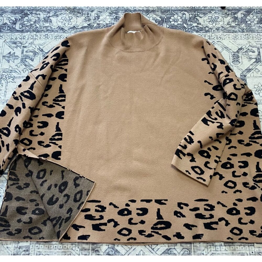 Leopard Print Mock Neck Sweater 1X By Chic Soul Tan Black Stretch Long‎ Sleeves